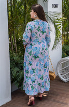 Load image into Gallery viewer, back view of plus size purple and blue floral maxi dress
