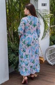 back view of plus size purple and blue floral maxi dress