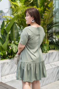 back view of plus size green drop waist dress 