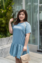 Load image into Gallery viewer, plus size blue drop waist dress with lace detail
