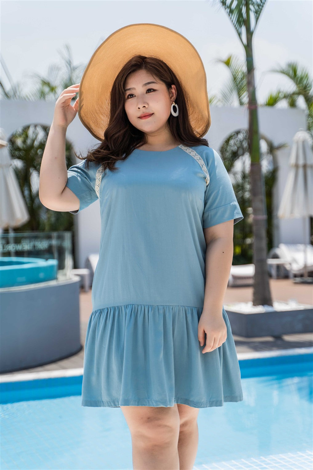 plus size blue drop waist dress with lace detail