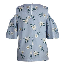 Load image into Gallery viewer, Plus size blue and white floral stripe print cold shoulder top 
