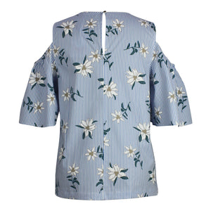 Plus size blue and white floral stripe print cold shoulder top 