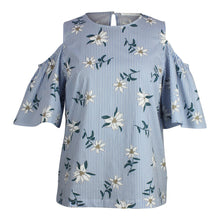 Load image into Gallery viewer, Plus size blue and white floral stripe print cold shoulder top 
