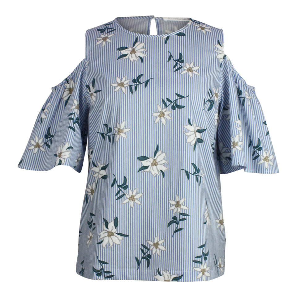 Plus size blue and white floral stripe print cold shoulder top 