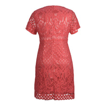 Load image into Gallery viewer, Back view of plus size coral lace overlay dress
