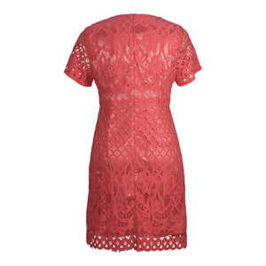 Back view of plus size coral lace overlay dress