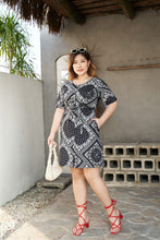 Load image into Gallery viewer, Plus Size Black and White Bandana Print Dress with front buttons and belt
