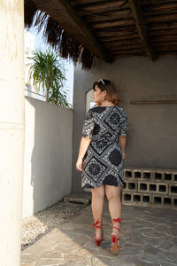 Plus Size Black and White Bandana Print Dress with front buttons and belt