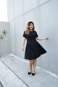 Plus Size Black Cocktail Dress with Jacquard Sleeves and Inverted Pleats