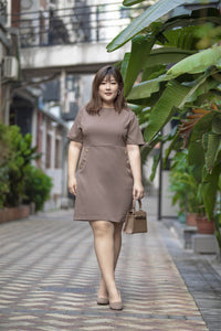 plus size brown a-line work dress with button details