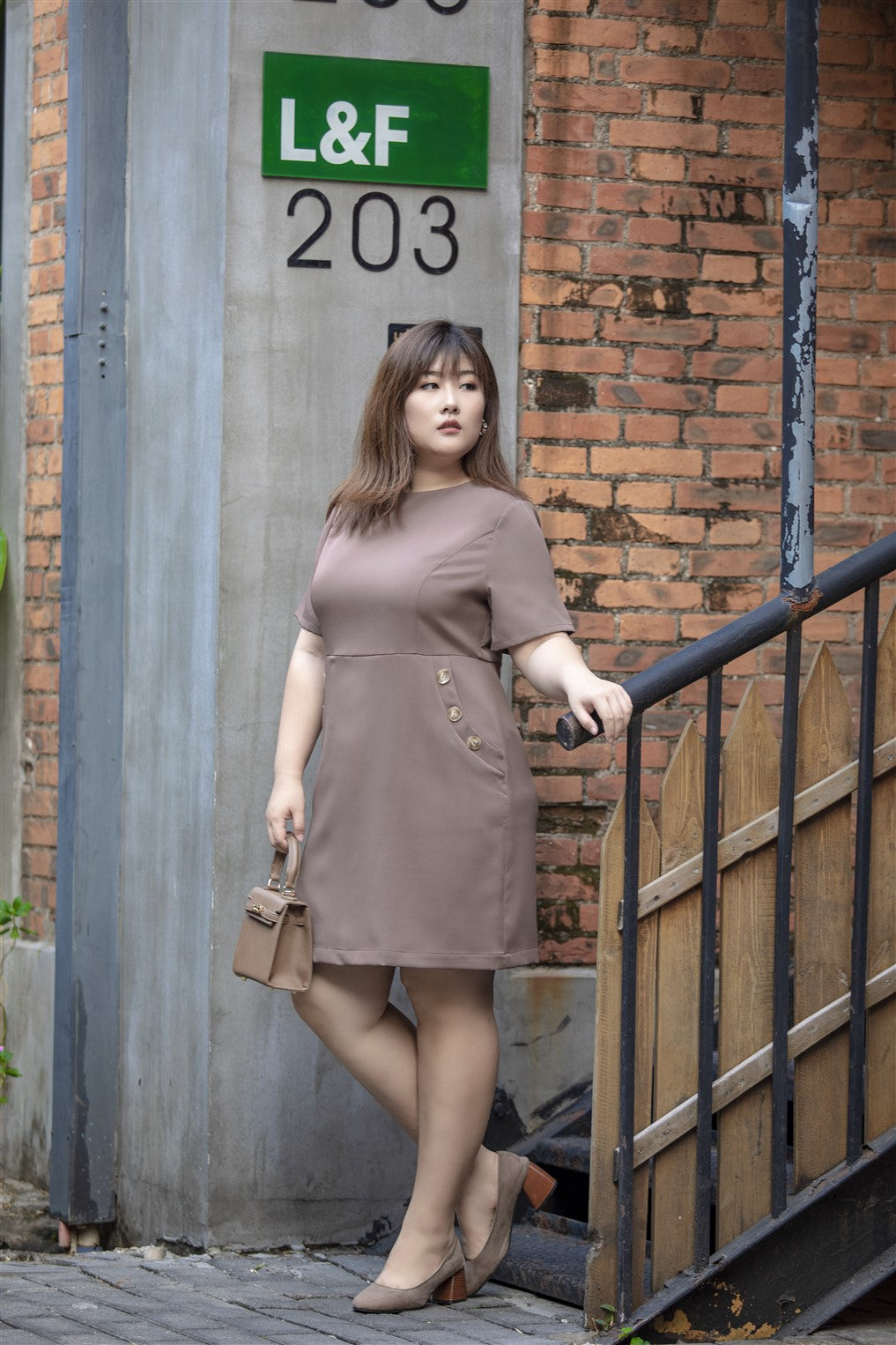 Bouton A-line Dress in Taupe The Amber Loft