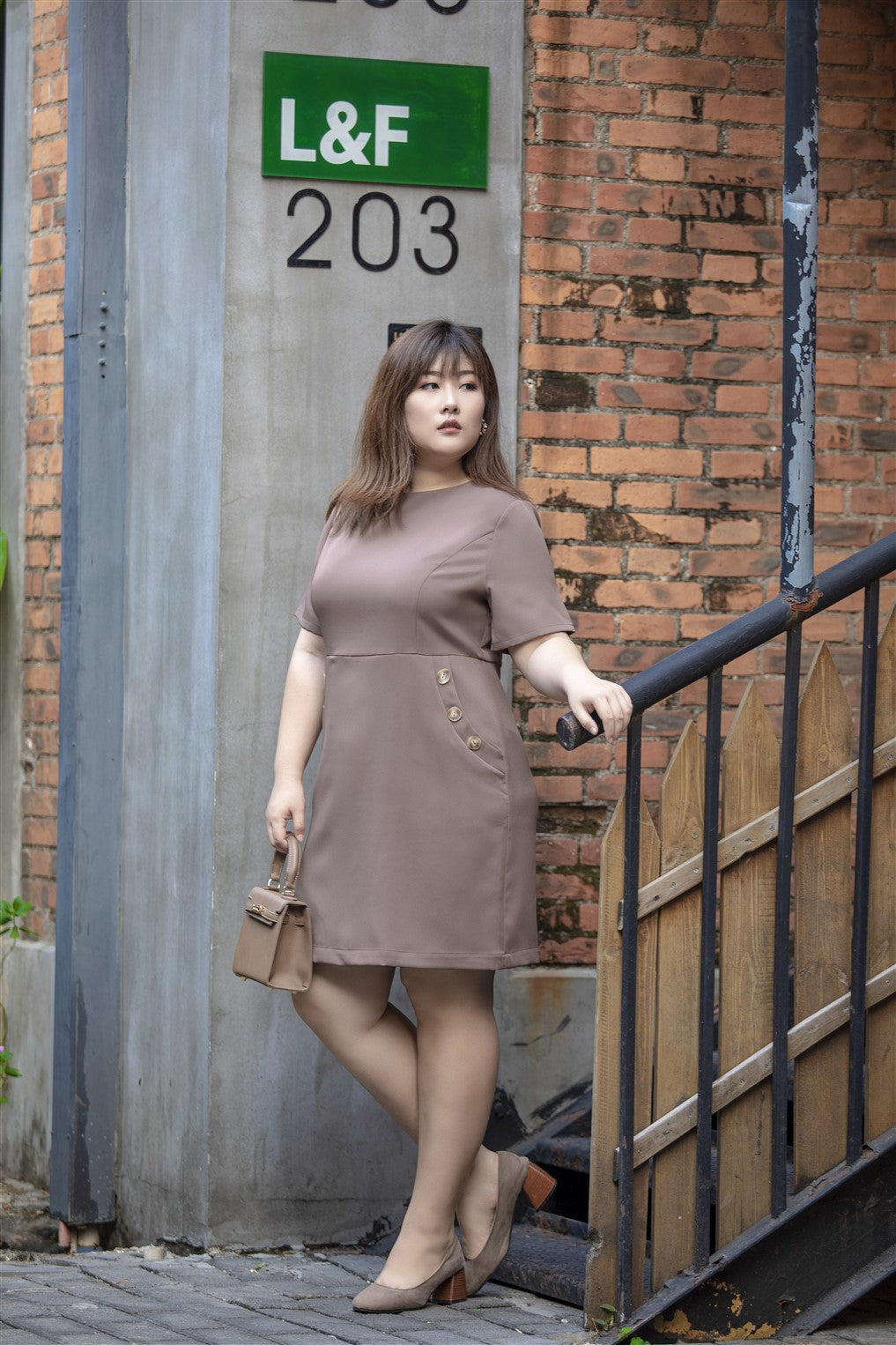 plus size brown a-line work dress with button details