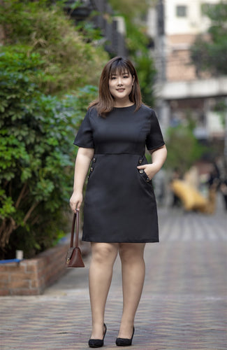 plus size black a-line work dress with button details