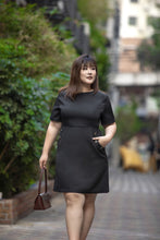 Load image into Gallery viewer, plus size black a-line work dress with button details
