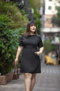 plus size black a-line work dress with button details