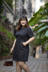 plus size black a-line work dress with button details