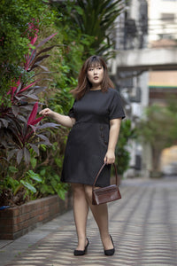 plus size black a-line work dress with button details