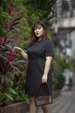 Load image into Gallery viewer, plus size black a-line work dress with button details
