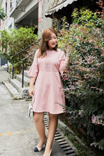 Load image into Gallery viewer, plus size a-line pink dress with bell sleeves and lace detail

