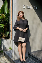 Load image into Gallery viewer, plus size black a-line bell sleeve dress with lace detail
