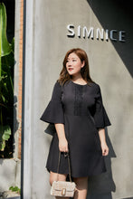 Load image into Gallery viewer, plus size black a-line bell sleeve dress with lace detail
