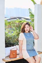 Load image into Gallery viewer, plus size cream and blue jacquard panel shift dress
