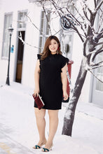Load image into Gallery viewer, plus size black ruffle neck and sleeve shift dress 
