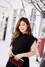 Load image into Gallery viewer, plus size black ruffle neck and sleeve shift dress 
