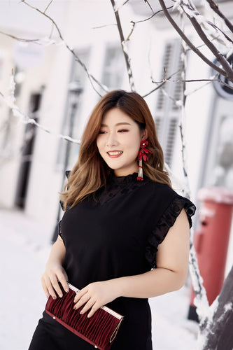 plus size black ruffle neck and sleeve shift dress 