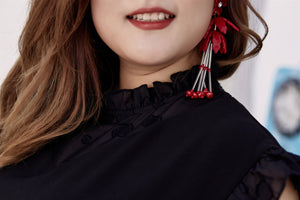 Close up of plus size black ruffle neck and sleeve shift dress 